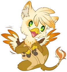 Size: 3390x3646 | Tagged: safe, artist:cutepencilcase, derpibooru import, oc, oc:ember burd, unofficial characters only, gryphon, chibi, colored wings, commission, cute, eared griffon, gradient wings, griffon oc, heart eyes, holding paws, legs in air, male, multicolored wings, on back, open mouth, paw pads, paws, simple background, solo, spread wings, talons, transparent background, underpaw, wingding eyes, wings