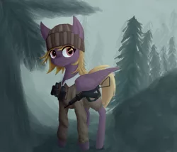 Size: 2800x2400 | Tagged: safe, artist:phi, derpibooru import, oc, unofficial characters only, pegasus, pony, equestria at war mod, binoculars, clothes, fog, forest, hat, solo, weapon