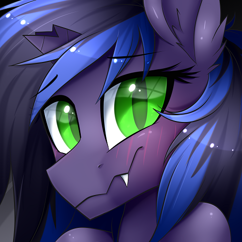 Size: 500x500 | Tagged: safe, artist:scarlet-spectrum, derpibooru import, oc, oc:kuro, unofficial characters only, alicorn, bat pony, bat pony alicorn, pony, bat pony oc, bat wings, broken horn, bust, cute, ear fluff, fangs, female, green eyes, horn, looking at you, mare, ocbetes, portrait, shy, slit eyes, smiling, solo, wings