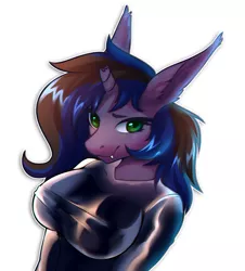 Size: 856x948 | Tagged: safe, artist:ghst-qn, derpibooru import, oc, oc:kuro, anthro, bat pony, big breasts, breasts, broken horn, clothes, cute, horn, latex, shirt, simple background, white background