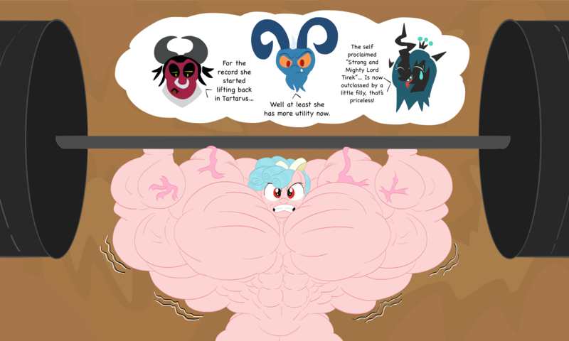 Size: 3000x1800 | Tagged: abs, artist:broozerpunch, barbell, centaur, cozy glow, cozy swole, derpibooru import, fetish, frenemies (episode), grogar, lord tirek, muscle fetish, muscles, overdeveloped muscles, pecs, queen chrysalis, questionable, wat