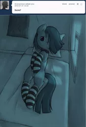 Size: 500x734 | Tagged: safe, artist:lonelycross, derpibooru import, marble pie, pony, ask lonely inky, bed, bedroom, choker, clothes, comic, cute, lonely inky, on back, socks, striped socks, tumblr, window