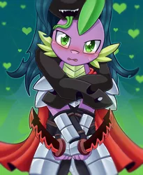 Size: 1000x1220 | Tagged: safe, artist:vavacung, derpibooru import, queen chrysalis, spike, changeling, changeling queen, dragon, fanfic, armor, blushing, cape, chryspike, clothes, cover art, faceless female, fanfic art, fanfic cover, female, implied hemipenis, innuendo, long tongue, male, offscreen character, shipping, straight, sword, tongue out, weapon