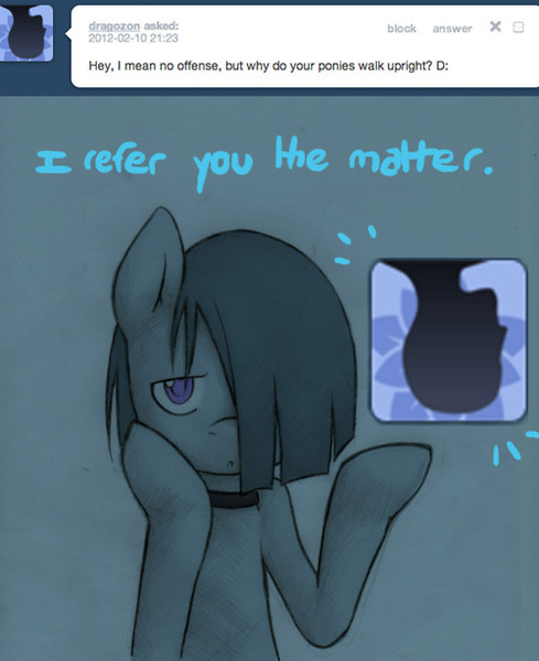 Size: 500x614 | Tagged: safe, artist:lonelycross, derpibooru import, marble pie, pony, ask lonely inky, ask, choker, comic, dialogue, lonely inky, question, talking, tumblr, unamused, upside down