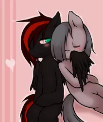 Size: 850x1002 | Tagged: safe, artist:lonelycross, derpibooru import, marble pie, oc, oc:thunder smash, pegasus, pony, ask lonely inky, blushing, canon x oc, choker, female, heart, hug, lesbian, lonely inky, shipping, sitting, sleeping, talking, tumblr, winghug