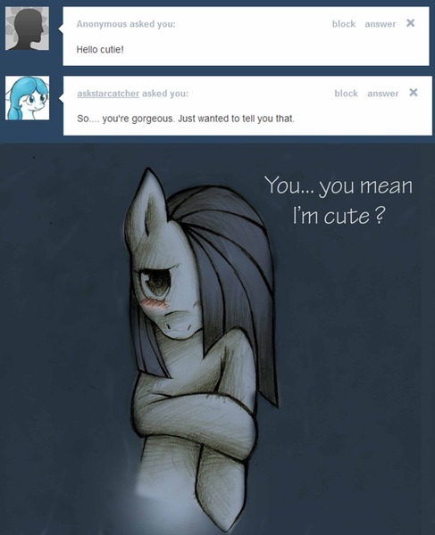 Size: 1039x1280 | Tagged: safe, artist:lonelycross, derpibooru import, marble pie, oc, oc:starcatcher, pony, ask lonely inky, ask, blushing, choker, comic, cute, dialogue, lonely inky, question, shy, talking, tumblr