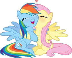 Size: 3463x2751 | Tagged: safe, artist:shutterflyyay, derpibooru import, fluttershy, rainbow dash, pegasus, pony, fame and misfortune, blushing, cute, daaaaaaaaaaaw, dashabetes, eyes closed, female, floating heart, flutterdash, happy, heart, hug, kiss on the cheek, kissing, lesbian, love, mare, open mouth, shipping, shyabetes, simple background, sitting, smiling, transparent background, vector, wings