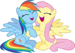 Size: 3695x2622 | Tagged: safe, artist:shutterflyyay, derpibooru import, fluttershy, rainbow dash, pegasus, pony, fame and misfortune, cute, daaaaaaaaaaaw, dashabetes, eyes closed, female, flutterdash, happy, hug, lesbian, mare, open mouth, shipping, shyabetes, simple background, singing, squishy cheeks, transparent background, vector, wings