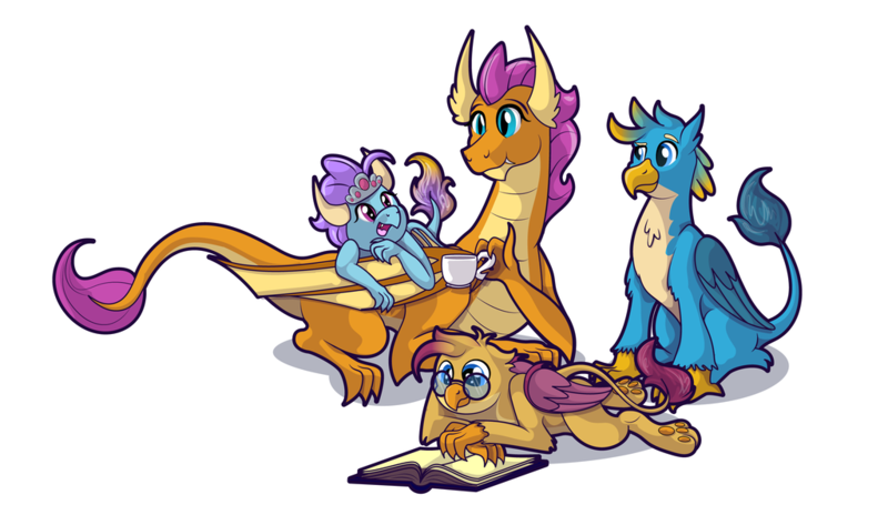 Size: 1024x605 | Tagged: safe, artist:moonlightfan, derpibooru import, gallus, smolder, oc, oc:garry, dragon, gryphon, hybrid, cup, dragoness, female, interspecies offspring, male, niclove, offspring, parent:gallus, parent:smolder, parents:smollus, paws, quartet, shipping, simple background, smollus, straight, teacup, underpaw, white background