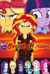 Size: 712x1055 | Tagged: safe, artist:biggernate91, artist:ngrycritic, derpibooru import, edit, editor:biggernate91, applejack, fluttershy, pinkie pie, rainbow dash, rarity, sci-twi, sunset shimmer, twilight sparkle, equestria girls, equestria girls series, human sunset, humane five, humane seven, humane six, logo, poster, twolight