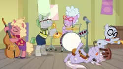 Size: 1920x1080 | Tagged: safe, derpibooru import, screencap, chelsea porcelain, dusty pages, mr. waddle, pony, the point of no return, double bass, drums, guitar, microphone, musical instrument, playing instrument, saxophone, trumpet