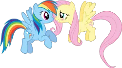 Size: 4000x2217 | Tagged: safe, artist:shutterflyyay, derpibooru import, fluttershy, rainbow dash, pegasus, pony, blushing, female, flutterdash, flying, lesbian, looking at each other, mare, shipping, simple background, smiling, transparent background, vector, wings