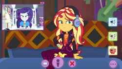 Size: 1336x752 | Tagged: safe, derpibooru import, screencap, rarity, sunset shimmer, equestria girls, equestria girls series, festival looks, spoiler:eqg series (season 2), clothes, couch, cutie mark, cutie mark on clothes, geode of empathy, headphones, jacket, jeans, magical geodes, pants, picture in picture, rarity's bedroom, sunset's apartment, webcam