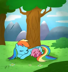 Size: 1024x1095 | Tagged: safe, artist:cartoon-eric, derpibooru import, rainbow dash, bush, crossover, cute, dashabetes, grass, grass field, kirby, kirby (character), kirby dash, mountain, nintendo, signature, sleeping, tree