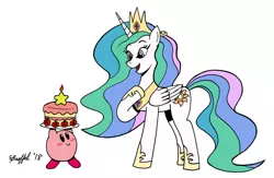 Size: 1024x669 | Tagged: artist:cartoon-eric, cake, cakelestia, crossover, cute, cutelestia, derpibooru import, duo, food, hoof on chest, kirby, kirby celestia, kirby (character), princess celestia, safe, signature, smiling