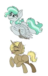 Size: 4044x6408 | Tagged: safe, artist:celestial-rainstorm, derpibooru import, oc, oc:mistfeather, oc:turnback, unofficial characters only, pegasus, pony, unicorn, female, mare, offspring, parent:derpy hooves, parent:doctor whooves, parent:sky stinger, parent:vapor trail, parents:doctorderpy, parents:vaporsky, simple background, tongue out, white background