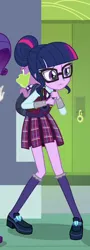 Size: 204x565 | Tagged: safe, derpibooru import, screencap, rarity, sci-twi, spike, spike the regular dog, twilight sparkle, dog, equestria girls, friendship games, backpack, clothes, cropped, crystal prep academy uniform, female, glasses, hair bun, legs, lockers, male, offscreen character, pleated skirt, school uniform, shoes, skirt, socks