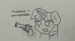 Size: 621x339 | Tagged: safe, artist:ljdamz1119, derpibooru import, twilight sparkle, pony, glowing horn, gun, handgun, horn, magic, revolver, telekinesis, this will end in death, threat, traditional art, unamused, weapon