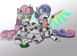 Size: 1920x1410 | Tagged: safe, artist:lizardwithhat, derpibooru import, princess flurry heart, sweetie belle, alicorn, pony, robot, robot pony, unicorn, crossover, female, fixing, flurry bot, gary the snail, mouth hold, power drill, roboticization, scared, spongebob squarepants, sweetie bot, tools, updated image, welder, welding
