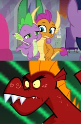 Size: 962x1469 | Tagged: safe, artist:queencold, derpibooru import, edit, screencap, garble, smolder, spike, twilight sparkle, twilight sparkle (alicorn), alicorn, dragon, sweet and smoky, angry, anime face, bad idea, big brother instinct, cute, dragoness, female, friends, male, meme, shipping fuel, shocked, side hug, smolderbetes, spikabetes, teenaged dragon, this will end in death, this will end in pain, this will end in tears, this will not end well, triggered