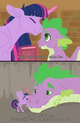 Size: 2480x3800 | Tagged: safe, artist:jackiebloom, derpibooru import, spike, twilight sparkle, twilight sparkle (alicorn), alicorn, dragon, pony, adopted offspring, adult, adult spike, book, eyes closed, female, kissing, magic, magic aura, male, mama twilight, mare, mother's day, nuzzling, older, older spike, size difference, telekinesis