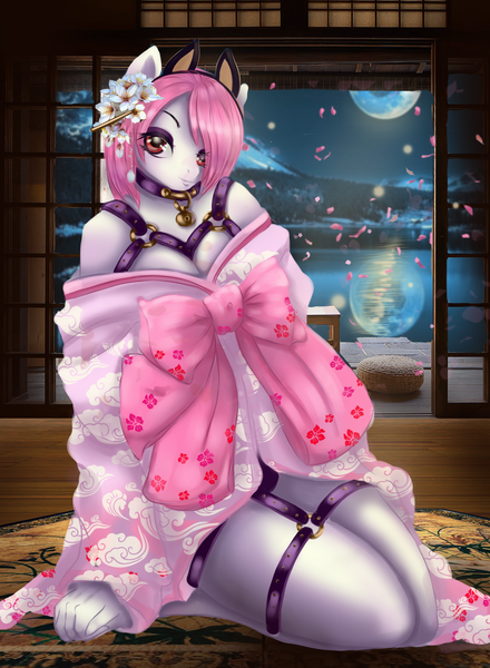 Size: 2000x2726 | Tagged: advertisement, anthro, anthro oc, artist:mdwines, bondage, bondage harness, breasts, cleavage, clothes, collar, commission, commission info, cute, derpibooru import, female, harness, indoors, kanzashi, kimono (clothing), kneeling, moon, moonlight, oc, oc:envy the darksider, outfit, pink hair, red eyes, room, scenery, sexy, sitting, solo, straps, suggestive, tack, ych example, ych result, your character here, yuujo