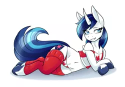 Size: 1725x1200 | Tagged: safe, alternate version, artist:ambris, derpibooru import, shining armor, semi-anthro, unicorn, bedroom eyes, belly button, canada, canadian flag, clothes, commission, commissioner:alkonium, draw me like one of your french girls, female, gleaming shield, leg warmers, lying down, mare, panties, rule 63, sexy armor, simple background, smiling, socks, solo, tanktop, thigh highs, thong, underwear, unshorn fetlocks, white background