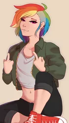 Size: 800x1425 | Tagged: alternate version, artist:evehly, belly button, clothes, converse, derpibooru import, ear piercing, earring, female, fuck you, human, humanized, jewelry, middle finger, midriff, piercing, rainbow dash, safe, shoes, simple background, sitting, sneakers, solo, undercut, vulgar