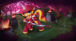 Size: 4200x2300 | Tagged: safe, artist:hitbass, derpibooru import, sunset shimmer, pony, brazier, cherry blossoms, female, fire, flower, flower blossom, katana, mare, samurai, smiling, solo, sword, weapon