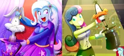 Size: 2120x960 | Tagged: safe, artist:the-butch-x, derpibooru import, edit, bon bon, lyra heartstrings, sweetie drops, trixie, all's fair in love and friendship games, equestria girls, bugs bunny, cartoon physics, daffy duck, hat, looking at you, looney tunes, magic trick, open mouth, smiling