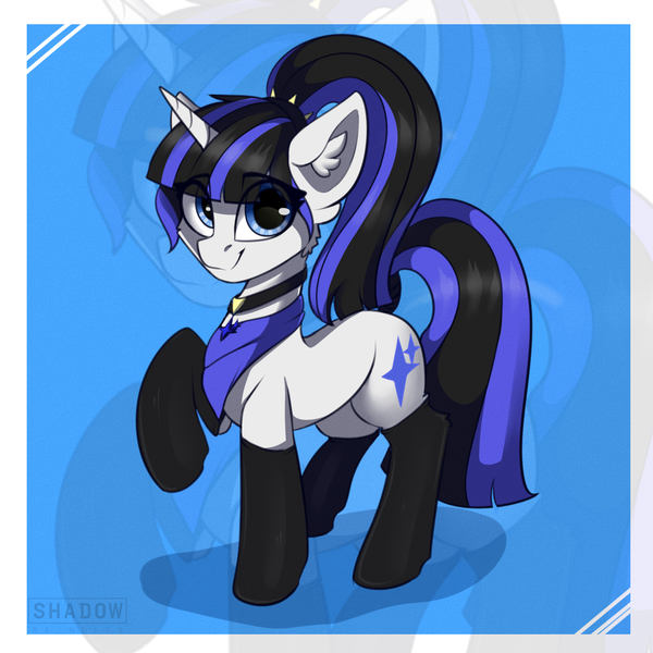 Size: 1535x1535 | Tagged: safe, artist:shadowreindeer, derpibooru import, oc, oc:coldlight bluestar, unofficial characters only, pony, unicorn, bandana, clothes, ear fluff, female, jewelry, looking at you, mare, necklace, smiling, socks, solo, stockings, thigh highs, zoom layer