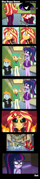 Size: 1000x4400 | Tagged: safe, artist:wubcakeva, derpibooru import, sci-twi, snails, snips, sunset shimmer, twilight sparkle, equestria girls, equestria girls series, angry, black sclera, canterlot high, clothes, comic, cross-popping veins, descriptive noise, female, geode of telekinesis, grin, horse noises, implied midnight sparkle, implied sunset satan, lesbian, magical geodes, midnight sparkle, rageset shimmer, scitwishimmer, shipping, shrunken pupils, smiling, spanking, sunset satan, sunsetsparkle, whistling