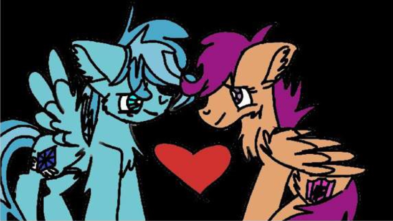 Size: 1094x615 | Tagged: safe, artist:christle-flyer-ssl, derpibooru import, scootaloo, oc, oc:christle flyer, pegasus, pony, black background, canon x oc, christaloo, colt, crystal eyes, female, filly, foal, heart, looking at each other, male, shipping, simple background, smiling, straight, wings
