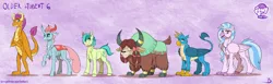 Size: 4900x1500 | Tagged: safe, artist:inuhoshi-to-darkpen, derpibooru import, gallus, ocellus, sandbar, silverstream, smolder, yona, changedling, changeling, changeling queen, classical hippogriff, dragon, earth pony, gryphon, hippogriff, pony, yak, bow, cloven hooves, dragoness, feathered fetlocks, female, hair bow, horn, horn ring, male, older, older gallus, older ocellus, older sandbar, older silverstream, older smolder, older yona, purple background, queen ocellus, realistic horse legs, ring, simple background, smiling, stallion, student six