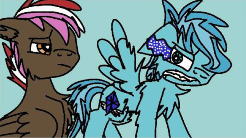 Size: 1097x618 | Tagged: safe, artist:christle-flyer-ssl, derpibooru import, oc, oc:christle flyer, oc:orion comet, pegasus, pony, angry, blue background, colt, crystal eyes, female, filly, foal, looking at each other, male, sad, simple background, sombra eyes, wings