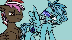 Size: 1097x618 | Tagged: safe, artist:christle-flyer-ssl, derpibooru import, oc, oc:christle flyer, oc:orion comet, pegasus, pony, angry, blue background, colt, crystal eyes, female, filly, foal, looking at each other, male, sad, simple background, sombra eyes, wings