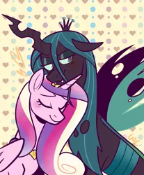 Size: 1161x1400 | Tagged: safe, artist:waackery, derpibooru import, princess cadance, queen chrysalis, alicorn, changeling, changeling queen, pony, blushing, cadalis, eyes closed, fangs, female, floppy ears, heart, hug, infidelity, jewelry, lesbian, lidded eyes, mare, peytral, regalia, shipping, smiling, spread wings, wings