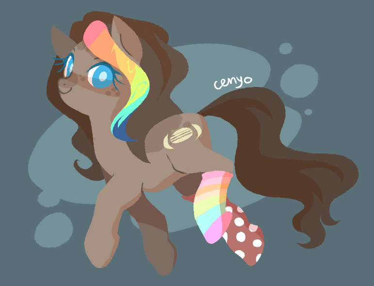 Size: 771x589 | Tagged: safe, artist:cenyo, derpibooru import, oc, oc:artistyx, unofficial characters only, earth pony, pony, clothes, rainbow socks, socks, solo, striped socks