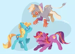 Size: 900x652 | Tagged: safe, artist:cenyo, derpibooru import, oc, oc:blue ribbon, oc:quillian, oc:sunset sparkle, classical hippogriff, earth pony, hippogriff, pony, unicorn, trio
