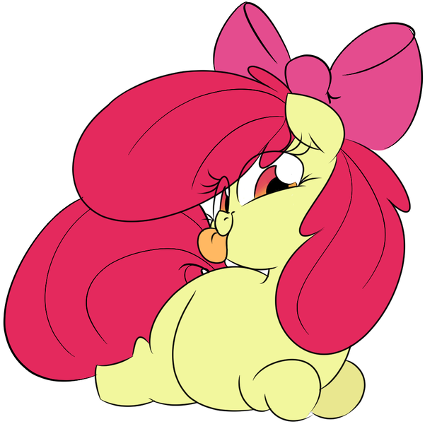 Size: 1011x1009 | Tagged: safe, artist:hattsy, derpibooru import, apple bloom, earth pony, pony, :p, adorabloom, adorafatty, apple blob, blank flank, chubby, chubby bloom, cute, eye clipping through hair, fat, female, filly, looking at you, prone, simple background, solo, tongue out, white background