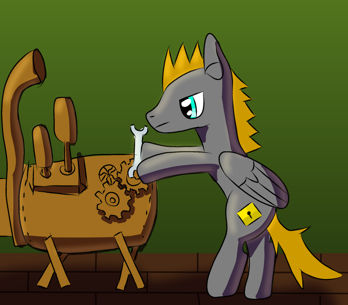 Size: 2537x2218 | Tagged: safe, artist:platinumdrop, derpibooru import, oc, oc:platinumdrop, pegasus, pony, male, solo, stallion, steam engine, steampunk, wrench