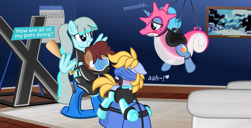 Size: 6585x3354 | Tagged: questionable, artist:nxzc88, derpibooru import, oc, oc:essa bolt, oc:latch, oc:mistress frostbite, oc:ocean shores, unofficial characters only, earth pony, pegasus, pony, seahorse, unicorn, absurd resolution, animal costume, bdsm, blindfold, blushing, bondage, bondage cross, bondage furniture, brainwashing, calendar, chest fluff, clothes, collar, commission, costume, cuffs, dominatrix, female, females only, floppy ears, gag, garters, grin, heart, hypnogear, hypnogoggles, hypnosis, imminent spanking, inflatable, inflatable suit, latex, latex socks, leg warmers, mask, moaning, muffled moaning, muzzle gag, paddle, pet play, pet tag, picture frame, ponies riding ponies, ponytail, riding, ring gag, rocking horse bondage, saddle, sex toy, show accurate, show accurate porn, smiling, socks, speech bubble, suspended, suspension bondage, tack, tongue out, vector, vibrator, visor, wing hands, wings