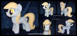 Size: 1600x749 | Tagged: safe, artist:peruserofpieces, derpibooru import, derpy hooves, pegasus, pony, facing away, female, folded wings, front view, irl, mare, photo, plushie, profile, smiling, solo, toy, wings