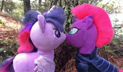 Size: 3264x1904 | Tagged: safe, artist:ejlightning007arts, derpibooru import, tempest shadow, twilight sparkle, twilight sparkle (alicorn), alicorn, pony, unicorn, armor, build-a-bear, female, kissing, lesbian, photo, plushie, shipping, tempestlight, tree