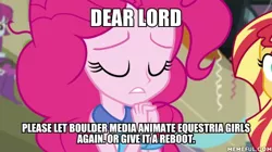 Size: 600x337 | Tagged: safe, derpibooru import, edit, edited screencap, screencap, pinkie pie, sunset shimmer, equestria girls, friendship games, caption, image macro, pinkie pie praying, praying, text