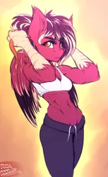 Size: 1573x2578 | Tagged: abs, abstract background, anthro, artist:drizziedoodles, belly button, biceps, breasts, cleavage, clothes, derpibooru import, female, hair tie, hippogriff, midriff, muscles, muscular female, oc, oc:oxide, pants, ponytail, safe, solo, sports bra, talons, unofficial characters only, wings, yoga pants