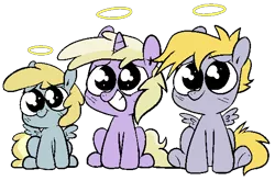 Size: 581x383 | Tagged: safe, artist:pinkiespresent, derpibooru import, chirpy hooves, crackle pop, dinky hooves, pegasus, pony, unicorn, brother and sister, female, filly, halo, innocent, male, puppy dog eyes, siblings, sitting, smiling, trio