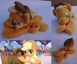 Size: 2382x1973 | Tagged: safe, artist:plushbyanto, derpibooru import, applejack, unnamed character, unnamed pony, earth pony, pony, my little pony: the movie, accessory, apple cider, applejack's hat, background pony, beanie (plushie), canterlot, cart, chibi, cowboy hat, cute, female, friendship festival, hat, irl, lidded eyes, lying down, mare, market, minky, mug, no mouth, no nostrils, no pupils, photo, plushie, prone, smiling, solo, sploot, toy
