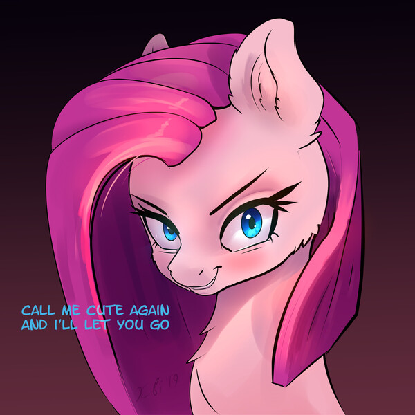 1640197 - safe, artist:xbi, derpibooru import, pinkie pie, earth pony,  pony, adorabolical, bust, cute, cuteamena, dialogue, evil grin, gradient  background, grin, implied cupcakes, looking at you, pinkamena diane pie,  smiling - Twibooru