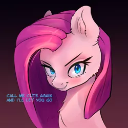 Size: 2795x2795 | Tagged: safe, artist:xbi, derpibooru import, pinkie pie, earth pony, pony, adorabolical, bust, cute, cuteamena, dialogue, evil grin, gradient background, grin, implied cupcakes, looking at you, pinkamena diane pie, smiling